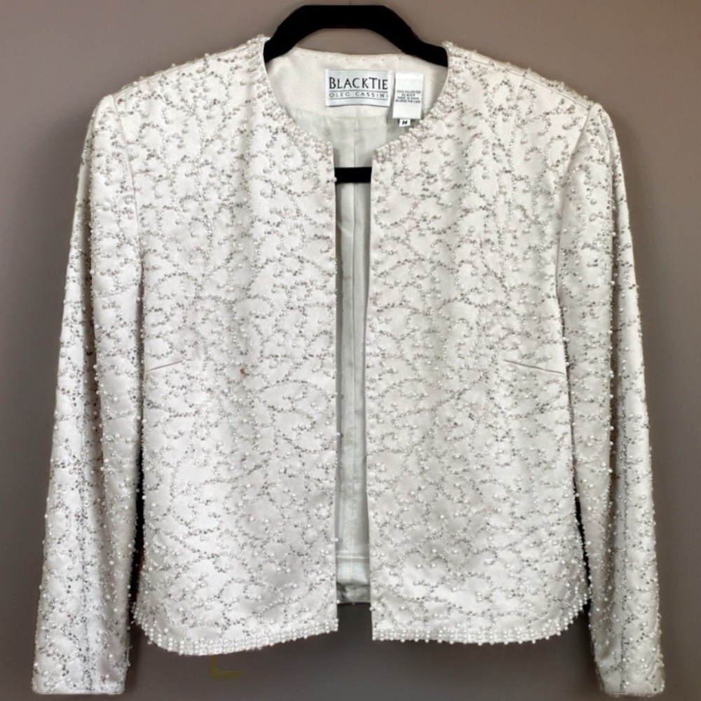 Oleg Cassini Black Tie Women's White Beaded Jacket